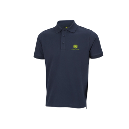 Fram- och baksida av en mörkblå John Deere-pikétröja med tre knappar och logotypen på vänster sida av bröstet.