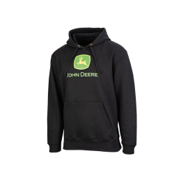 Front view of a black John Deere hoodie featuring a green logo on the chest and a kangaroo pocket.