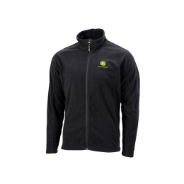 Front-left view of a black John Deere fleece jacket with a full zip and a green and yellow logo on the left chest.