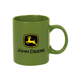 Front view of a green John Deere mug featuring the yellow deer logo and black John Deere text.
