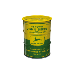 Vista frontal de una hucha de barril de aceite de uso especial de John Deere de color amarillo y verde, con la ranura en la parte superior.