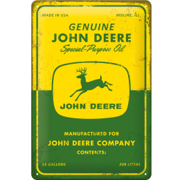 Vista frontal de un cartel de hojalata verde y amarillo envejecido de John Deere, con el texto "Special-Purpose Oil" (Aceite de uso especial) y el logotipo del ciervo saltando.