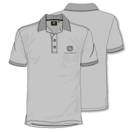 Vista delantera y trasera de un polo de John Deere de color gris claro, con el cuello a rayas, los bordes de la manga a rayas y una tapeta de tres botones.