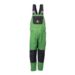 Vooraanzicht van een groen-zwarte kinderoverall van John Deere met een borstzak, kniestukken en verstelbare riemen.