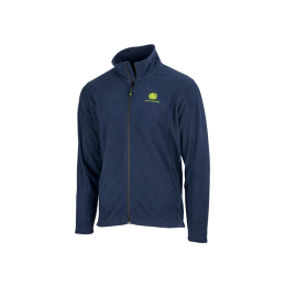 Front view of a navy blue and black John Deere full-zip fleece jacket with a stand-up collar and logo on the chest.