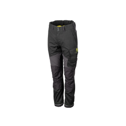 Vue de face d’un pantalon de travail John Deere noir et gris foncé avec poches cargo, genoux renforcés et bandes réfléchissantes.