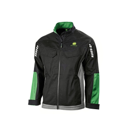 Vista frontal de una chaqueta de trabajo de John Deere negra, con detalles verdes, paneles laterales grises y bandas reflectantes en las mangas.