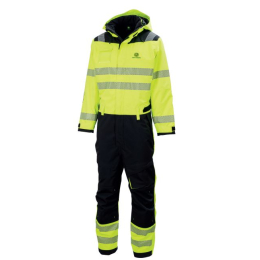 Front view of a John Deere high-visibility work overall in fluorescent yellow and black with reflective stripes and a hood.