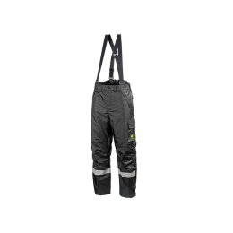Front view of black John Deere work trousers with suspenders, reflective strips, and a green logo on the cargo pocket.