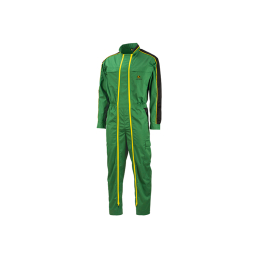 Front view of a green John Deere work overall with yellow zippers, black arm panels, and the John Deere logo.