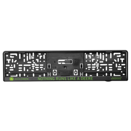 Front view of a black John Deere license plate holder featuring the green 'Nothing Runs Like a Deere' slogan.
