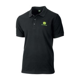 Black short-sleeved polo shirt with a three-button placket and a green and yellow John Deere logo on the left chest.