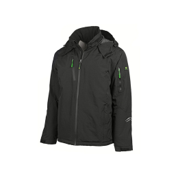 Vista frontal de una chaqueta con capucha negra de John Deere con tiradores de cremallera verdes y un diseño blanco en uve en la manga.