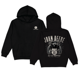 Front and back views of a black John Deere hooded sweatshirt with a chest logo and a vintage tractor graphic on the back.