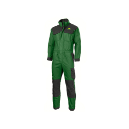 Vista frontal de un mono de trabajo de John Deere de color verde y negro, con un logotipo en el pecho, múltiples bolsillos y rodillas reforzadas.