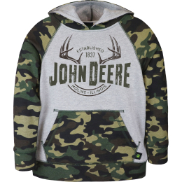 Vista frontal de una sudadera con capucha de John Deere de camuflaje gris y verde para niños con bolsillo delantero y gráfico de cornamenta.