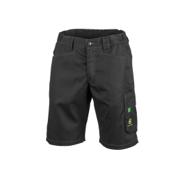 Vista frontal de un pantalón corto de trabajo negro con costuras blancas, trabillas para el cinturón y bolsillo cargo izquierdo, con una franja verde y el logotipo de John Deere.