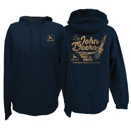 Vista frontal de una sudadera con capucha de John Deere de color azul jaspeado, con bolsillo delantero y un logotipo de color beige claro en el pecho izquierdo.