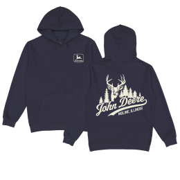 Front and back views of a navy blue John Deere hooded sweatshirt with a small logo on the front and a large deer and forest graphic on the back.