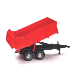 Side view of a red dump trailer scaled model with its bed raised, featuring a black chassis and two axles with four wheels.