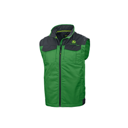 Vista frontal de un chaleco de trabajo de John Deere de color verde y gris oscuro, con cremallera y bolsillos en el pecho.