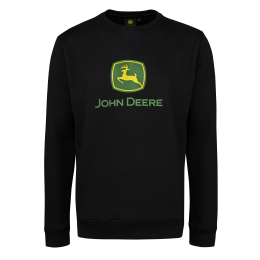 Vista frontal de una sudadera de John Deere negra con el emblemático logotipo en verde y amarillo y el texto "JOHN DEERE".