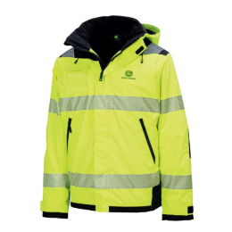 Front view of a high-visibility yellow John Deere work jacket with reflective stripes, black accents, and a hood.