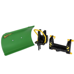 Una pala quitanieves de juguete de color verde con el logotipo "Snow master" (Maestro de la nieve) y dos componentes de fijación en negro y amarillo sobre un fondo blanco.