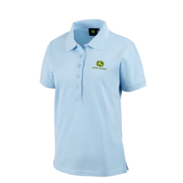 Front view of a light blue women's John Deere polo shirt featuring a five-button placket and the green logo.