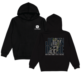 Black John Deere hoodie shown from the front with a small logo and from the back with large camouflage text and slogan.