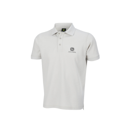 Front and back view of a light gray John Deere polo shirt with a striped collar, striped cuffs, and a three-button placket.