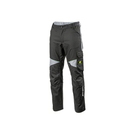 Vista frontal de unos pantalones de trabajo de John Deere de color gris oscuro, con paneles en las rodillas de color gris claro, un bolsillo cargo y bandas reflectantes.