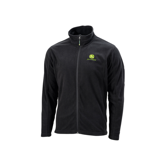 Front-left view of a black John Deere fleece jacket with a full zip and a green and yellow logo on the left chest.