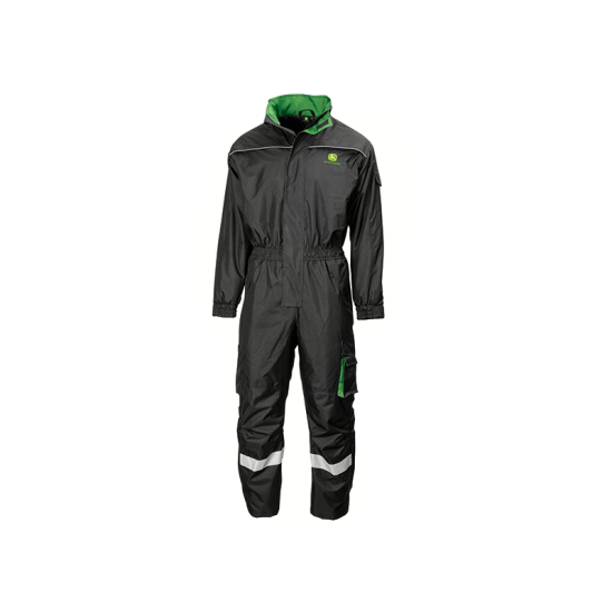 Vista frontal de un mono de trabajo negro de John Deere con cuello verde, bandas reflectantes y el logotipo de John Deere.