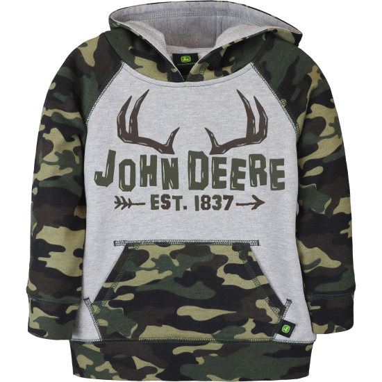 Widok z przodu dziecięcej bluzy z kapturem John Deere z jasnoszarym korpusem, kamuflażowymi rękawami i kieszenią kangurką oraz grafiką poroża „John Deere Est. 1837”.