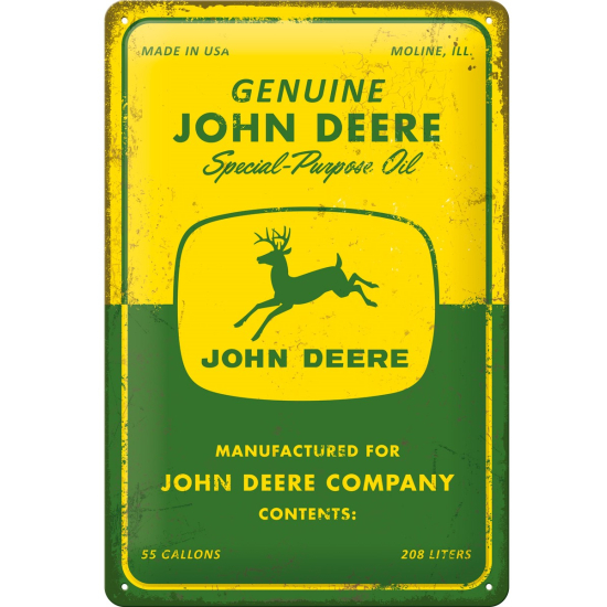 Vista frontal de un cartel de hojalata verde y amarillo envejecido de John Deere, con el texto "Special-Purpose Oil" (Aceite de uso especial) y el logotipo del ciervo saltando.