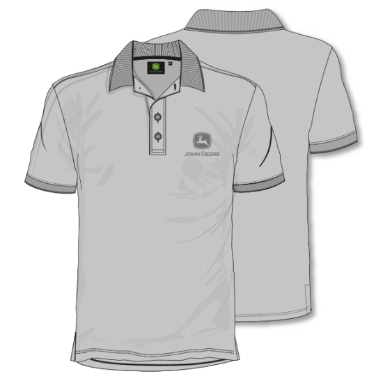 Vista delantera y trasera de un polo de John Deere de color gris claro, con el cuello a rayas, los bordes de la manga a rayas y una tapeta de tres botones.