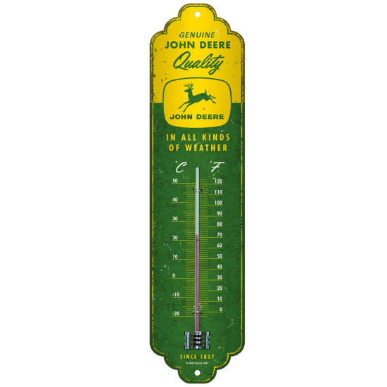 Vista frontal de un termómetro de pared de estilo vintage de John Deere de color verde y amarillo, con el logotipo del ciervo saltando y escalas Celsius/Fahrenheit.