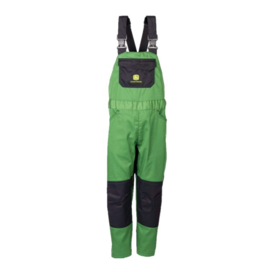 Vooraanzicht van een groen-zwarte kinderoverall van John Deere met een borstzak, kniestukken en verstelbare riemen.