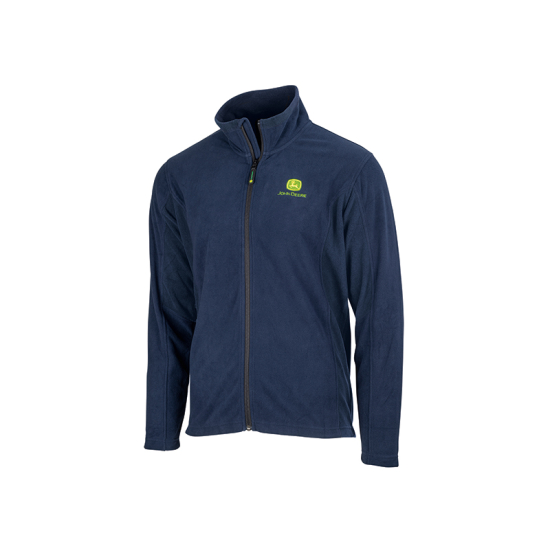 Front view of a navy blue and black John Deere full-zip fleece jacket with a stand-up collar and logo on the chest.