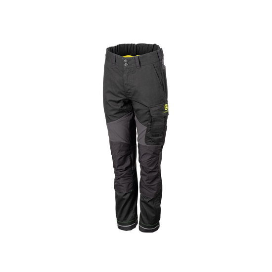 Vue de face d’un pantalon de travail John Deere noir et gris foncé avec poches cargo, genoux renforcés et bandes réfléchissantes.