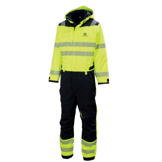Front view of a John Deere high-visibility work overall in fluorescent yellow and black with reflective stripes and a hood.