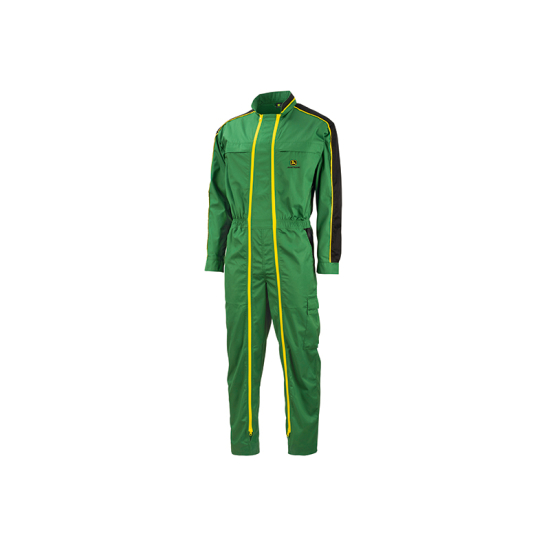 Front view of a green John Deere work overall with yellow zippers, black arm panels, and the John Deere logo.