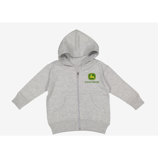 Vista frontal de una sudadera infantil gris con cremallera, capucha, bolsillo delantero y el logotipo de John Deere en el pecho izquierdo.