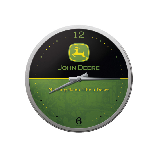 Front view of a round John Deere wall clock with a black and green face, silver rim, and "Nothing Runs Like a Deere" slogan.