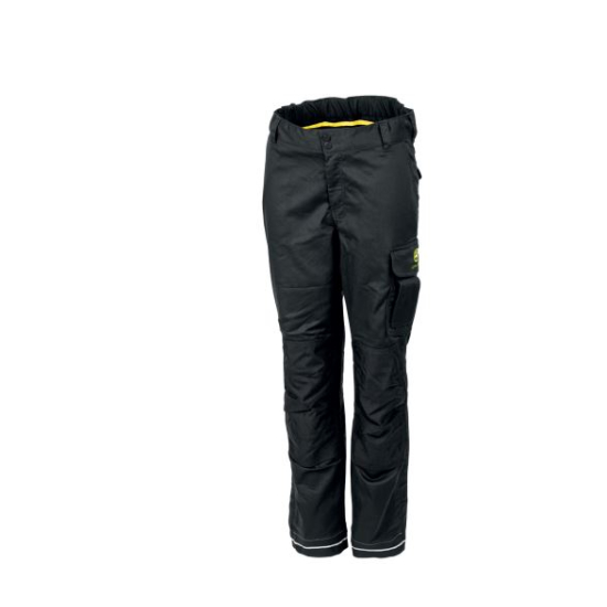 Front view of black John Deere work trousers with cargo pockets, reinforced knees, yellow waistband lining, and white hem stripes.