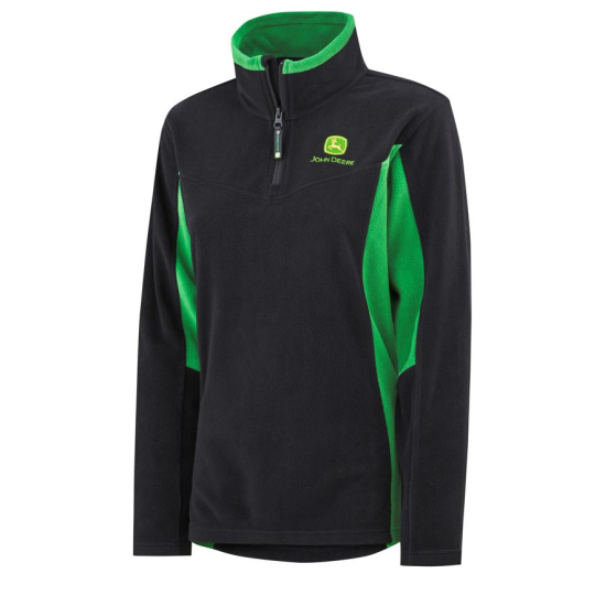 Front view of a black John Deere quarter-zip fleece pullover with green collar and side panels, featuring the John Deere logo.