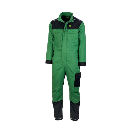 Front view of a John Deere green and black work overall featuring chest pockets, a cargo pocket, and reflective strips.