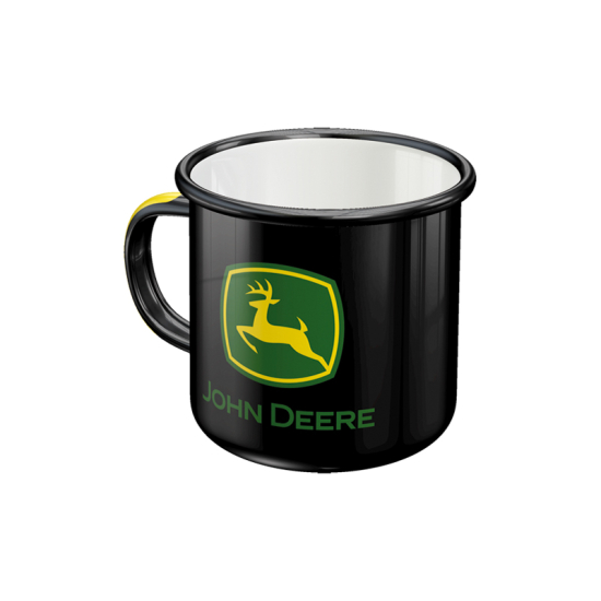 Angled view of a black enamel mug with a white interior, black handle with yellow accent, and the John Deere logo on the front.