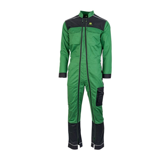 Front view of a John Deere work overall in green and black with reflective details, chest pockets, and a cargo pocket.